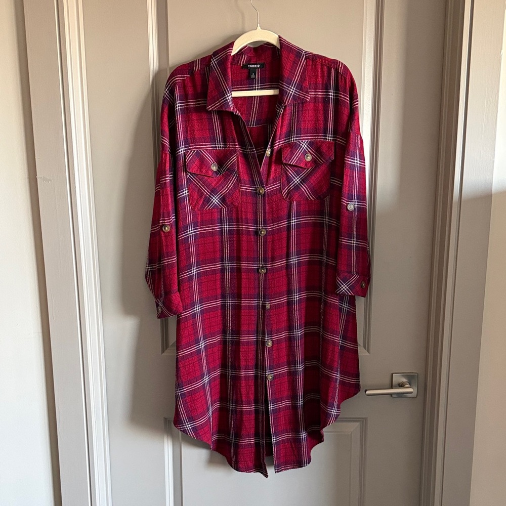 Torrid Red and Purple Plaid Shirt Dress